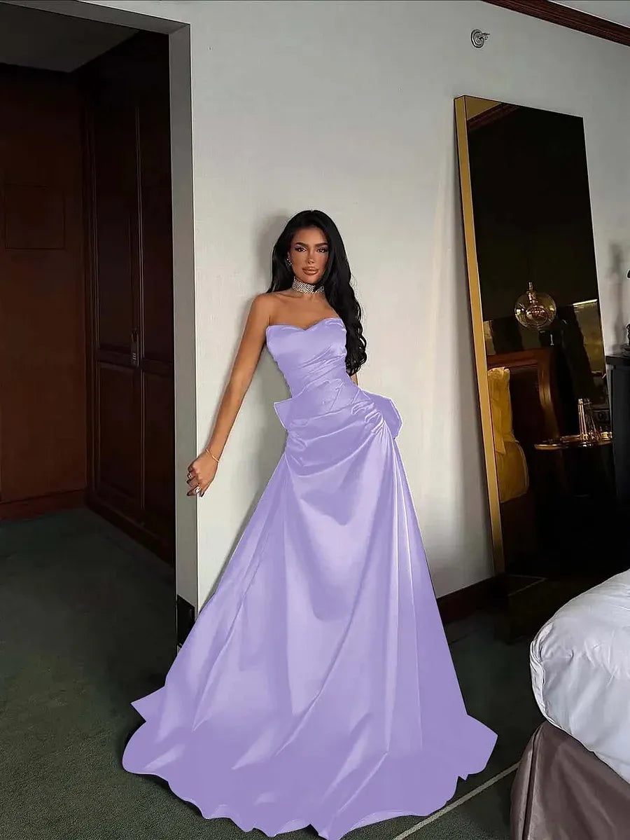 Elegant A-Line Strapless Pleated Bow Detail Satin Black Floor Length Prom Dress