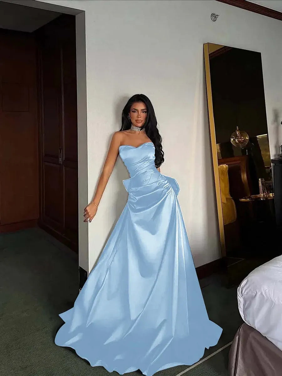 Elegant A-Line Strapless Pleated Bow Detail Satin Black Floor Length Prom Dress