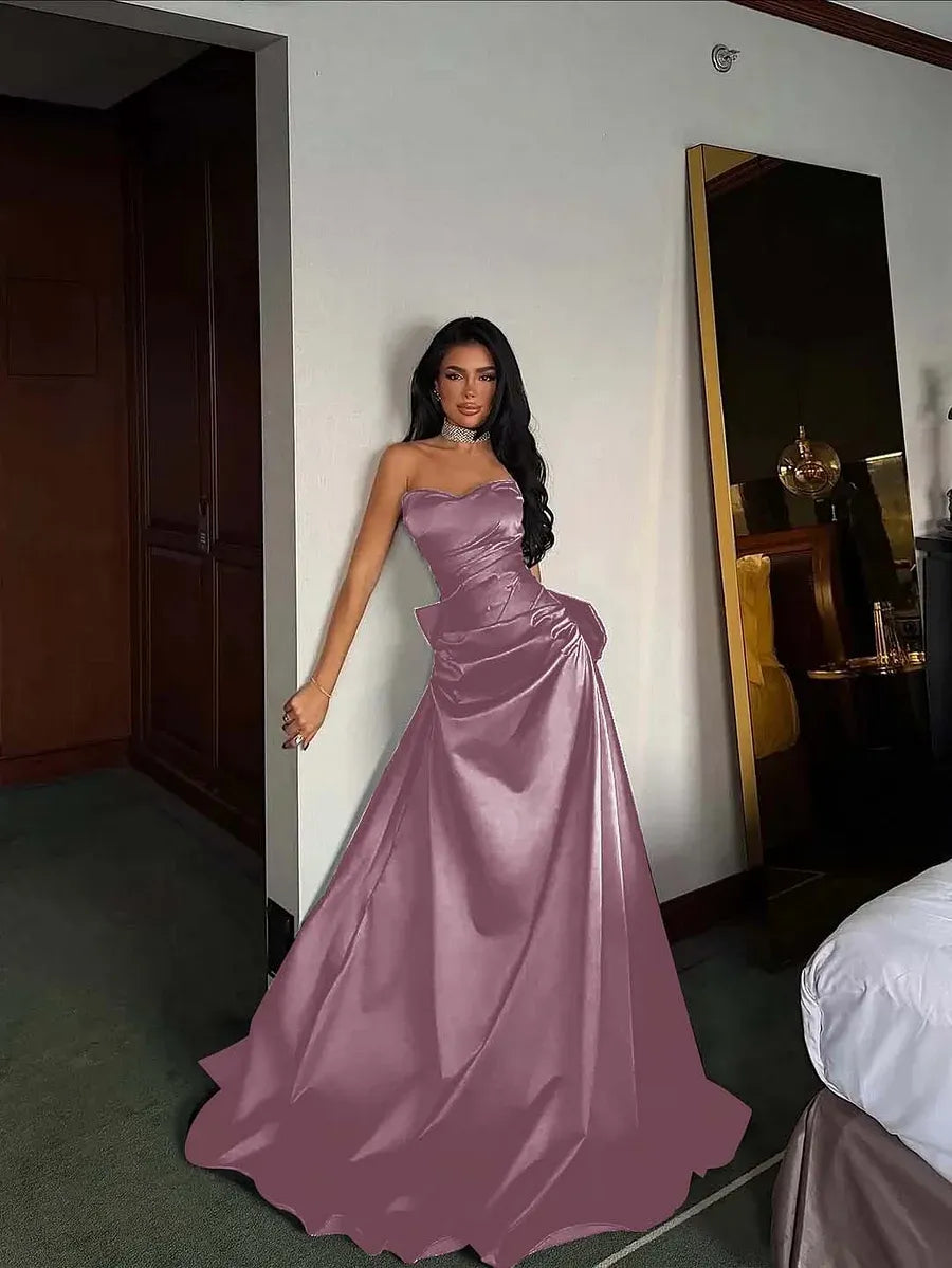 Elegant A-Line Strapless Pleated Bow Detail Satin Black Floor Length Prom Dress