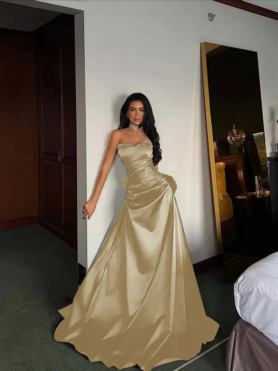 Elegant A-Line Strapless Pleated Bow Detail Satin Black Floor Length Prom Dress