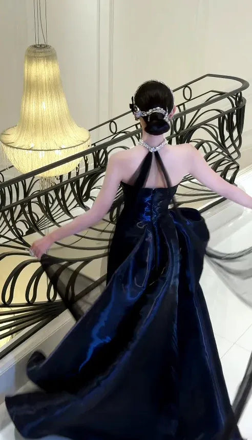 Elegant A-Line Strapless Ruched Fluffy Satin Navy Blue Floor Length Prom Dress