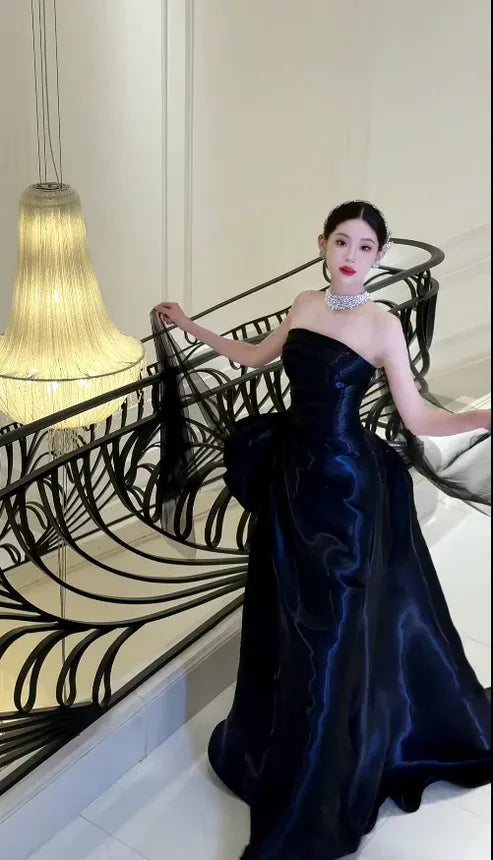 Elegant A-Line Strapless Ruched Fluffy Satin Navy Blue Floor Length Prom Dress