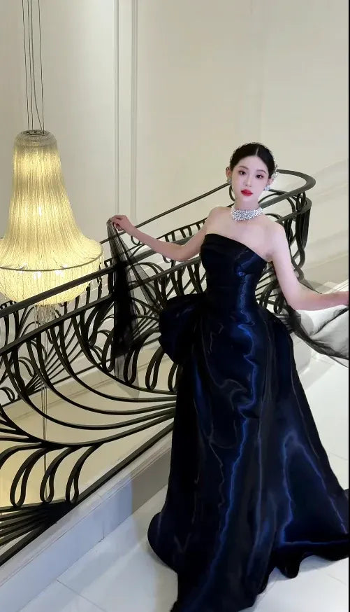 Elegant A-Line Strapless Ruched Fluffy Satin Navy Blue Floor Length Prom Dress
