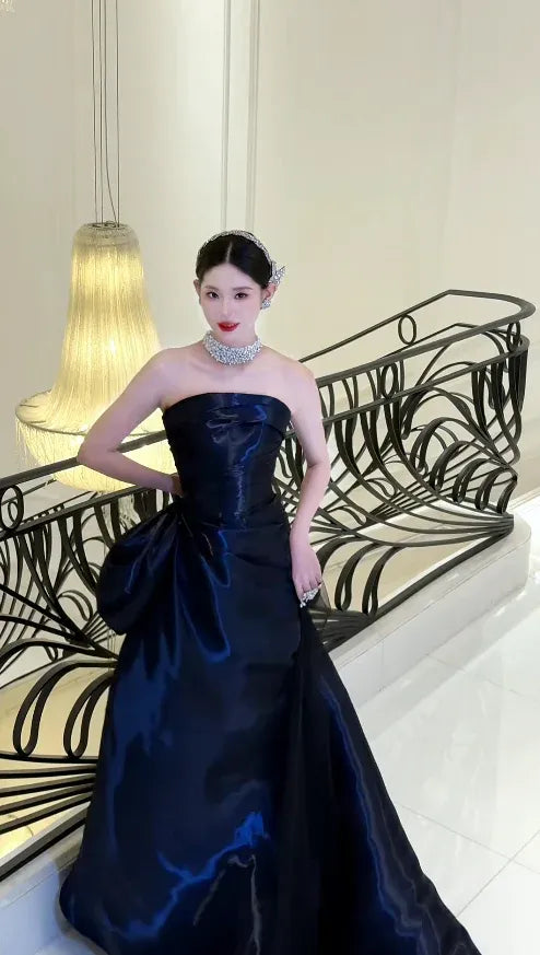 Elegant A-Line Strapless Ruched Fluffy Satin Navy Blue Floor Length Prom Dress