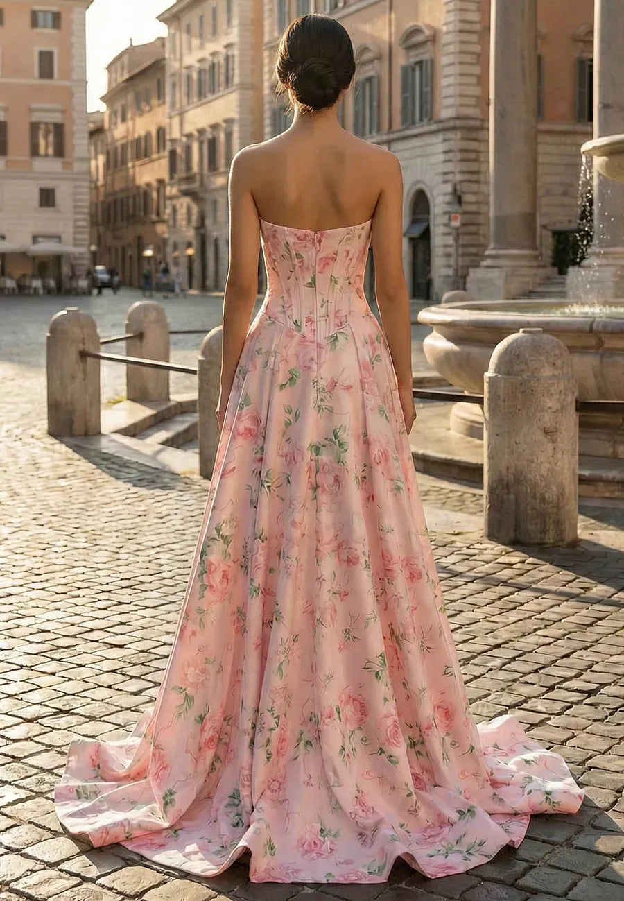 Romantic A-Line Strapless Sleeveless Corset Floral Pink Train Prom Dress With Pocket