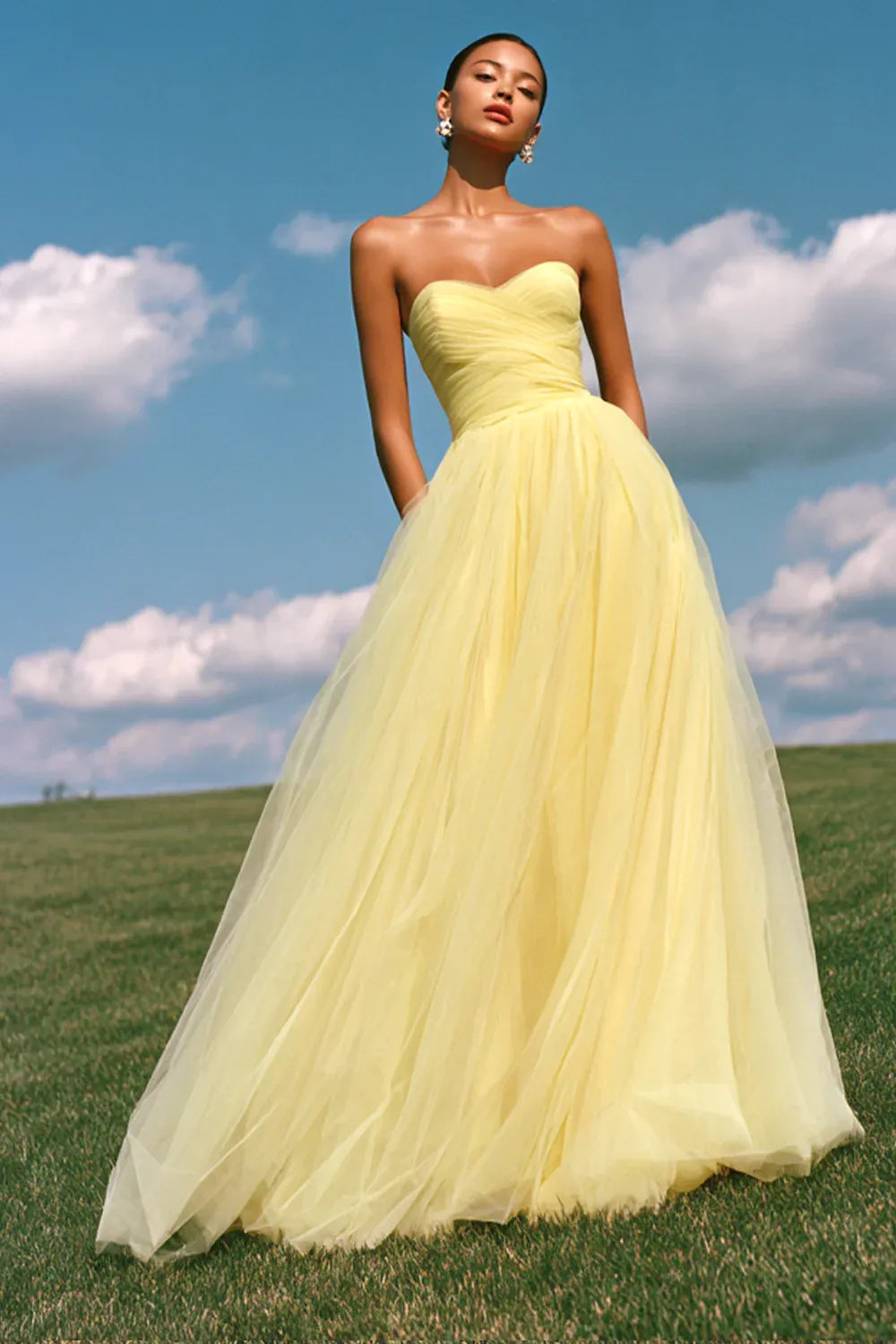 Elegant A-Line Strapless Sweetheart Ruched Tulle Yellow Floor Length Prom Dress