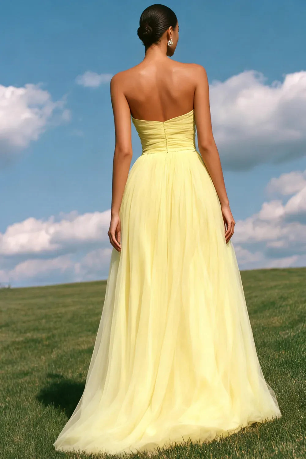 Elegant A-Line Strapless Sweetheart Ruched Tulle Yellow Floor Length Prom Dress