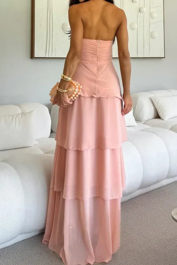 Elegant A-Line Strapless Tiered Ruffle Chiffon Pink Floor-Length Prom Dress Custom