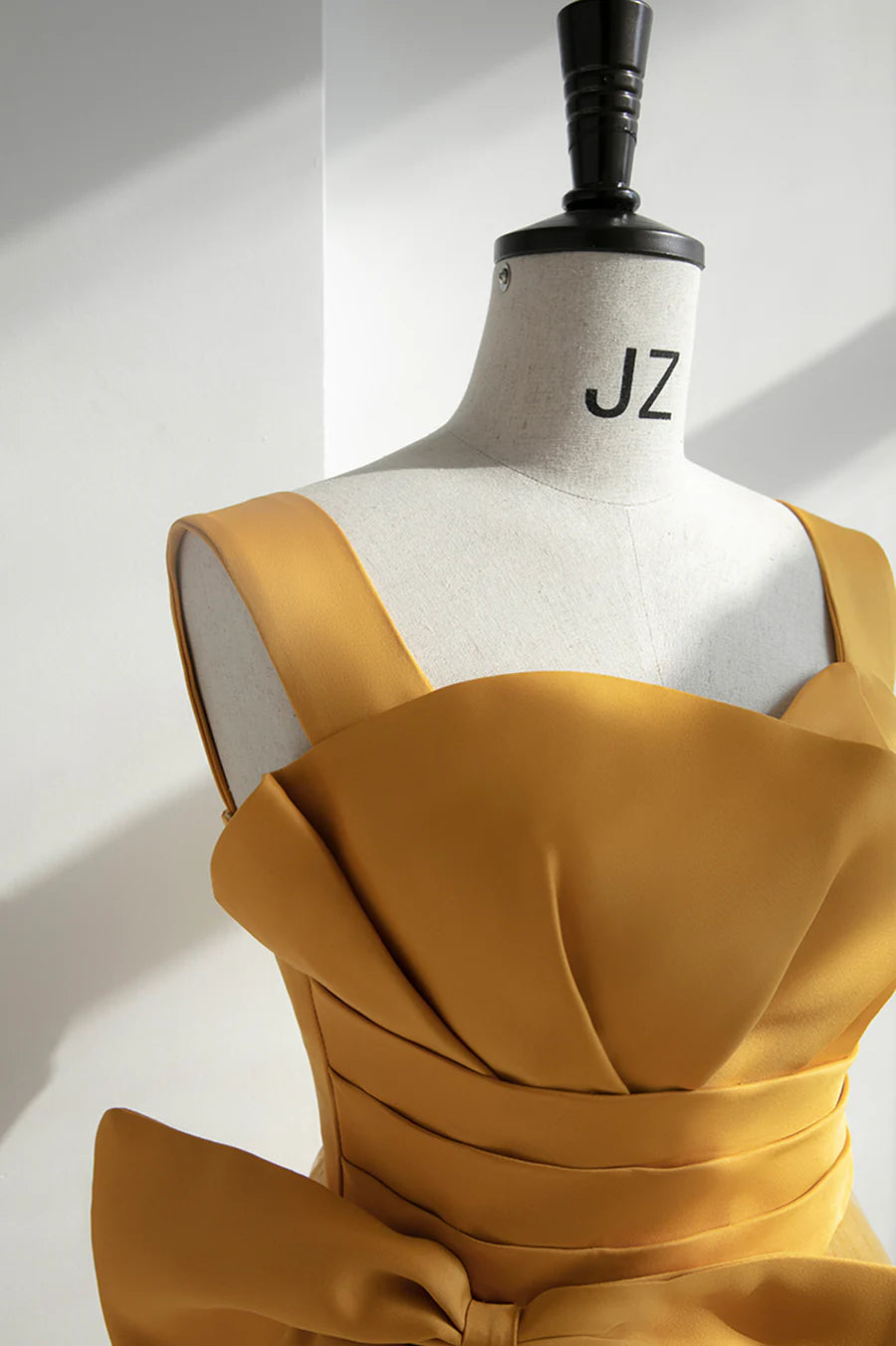 Elegant A-Line Straps Pleated Satin Tulle Yellow Long Prom Dress With Bow