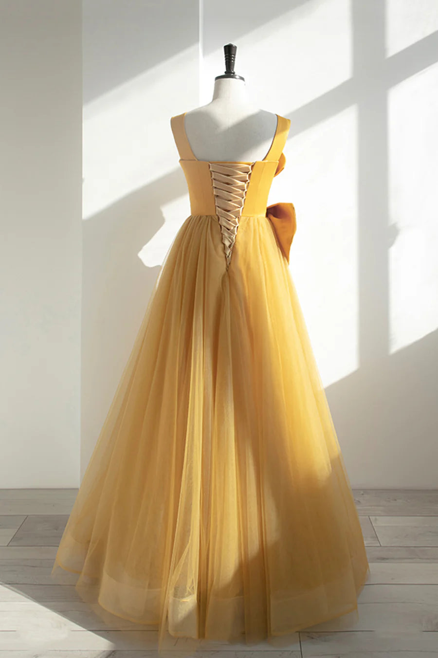 Elegant A-Line Straps Pleated Satin Tulle Yellow Long Prom Dress With Bow