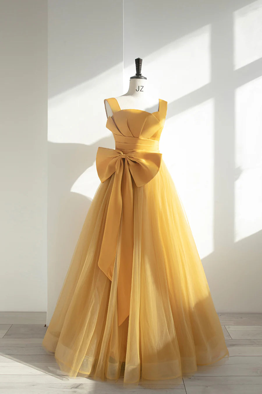 Elegant A-Line Straps Pleated Satin Tulle Yellow Long Prom Dress With Bow