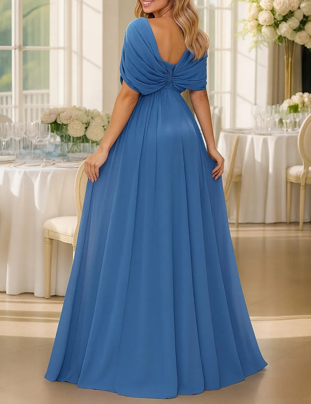 Elegant A-Line Sweetheart Neck Short-Sleeve Ruched Royal Blue Maxi Prom Dress for Women Ready to Ship