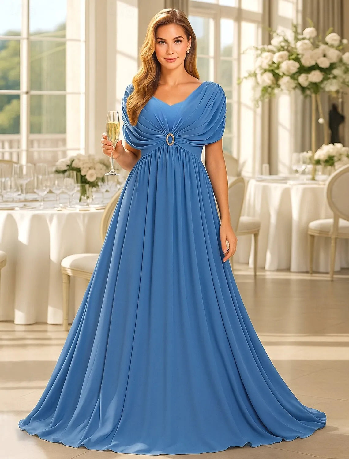 Elegant A-Line Sweetheart Neck Short-Sleeve Ruched Royal Blue Maxi Prom Dress for Women Ready to Ship