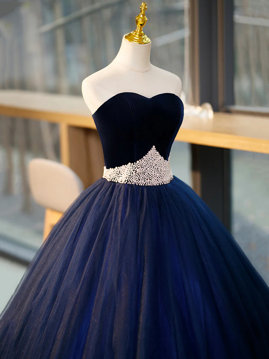 Elegant A-Line Sweetheart Neck Sleeveless Beaded Velvet Tulle Blue Long Formal Prom Dress