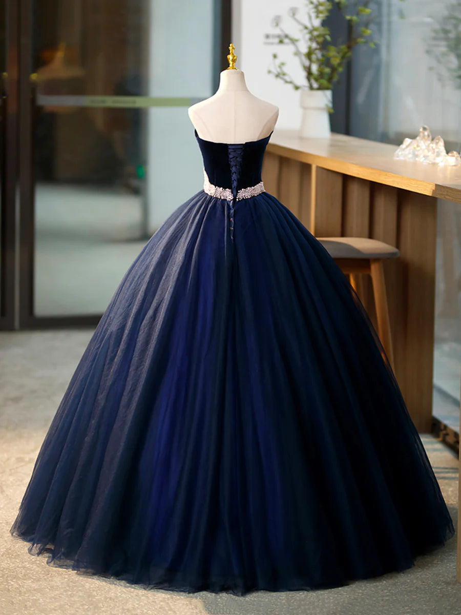 Elegant A-Line Sweetheart Neck Sleeveless Beaded Velvet Tulle Blue Long Formal Prom Dress