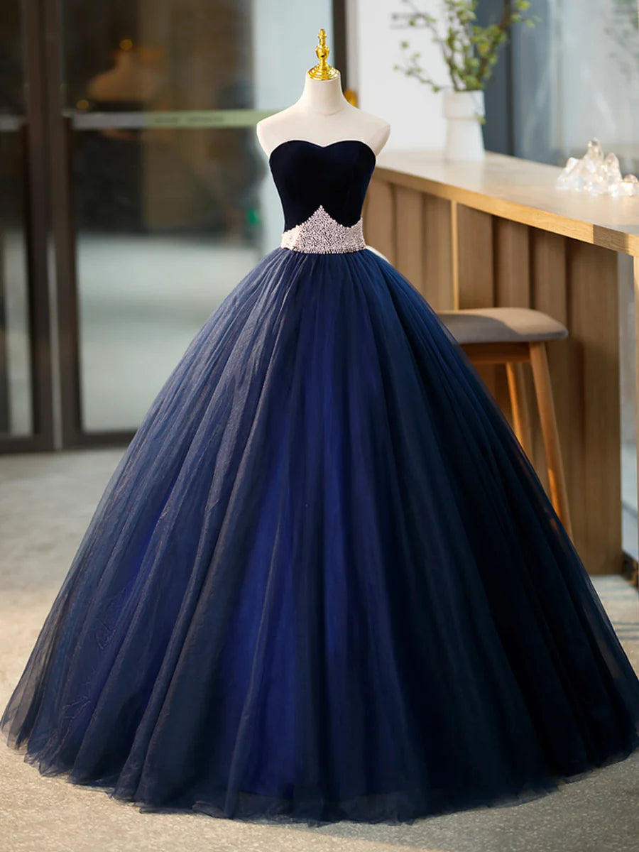 Elegant A-Line Sweetheart Neck Sleeveless Beaded Velvet Tulle Blue Long Formal Prom Dress