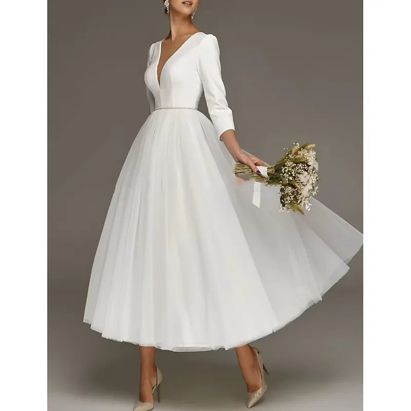 Elegant A-Line V-Neck 3/4-Sleeve Beaded White Midi Prom Dress for Women Custom