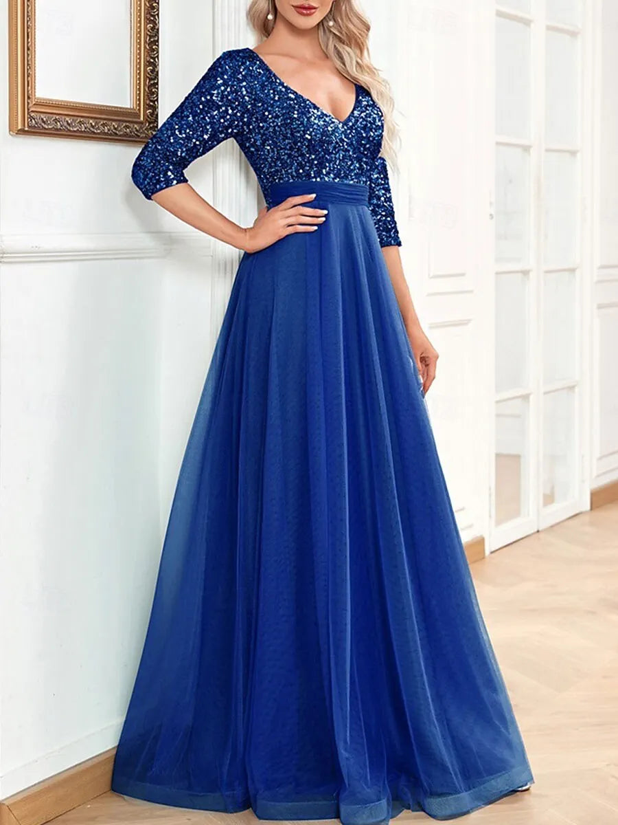 Elegant A-Line V-Neck 3/4-Sleeve Sequin Dusty Blue Maxi Prom Dress for Women Ready to Ship