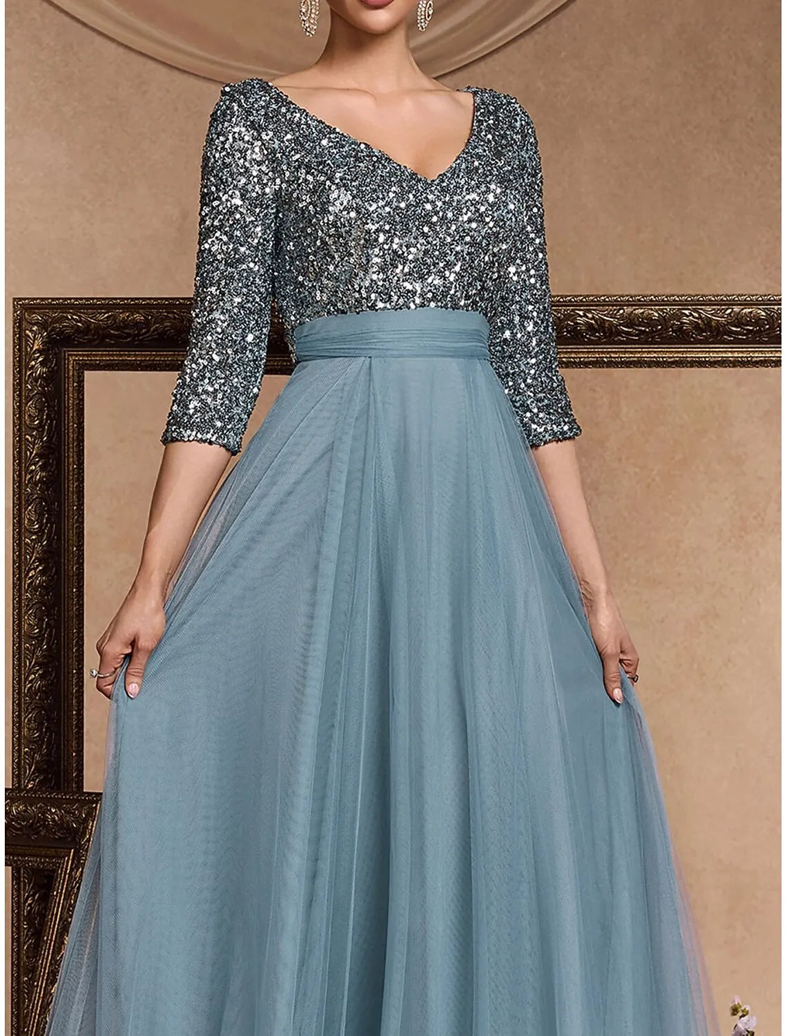 Elegant A-Line V-Neck 3/4-Sleeve Sequin Dusty Blue Maxi Prom Dress for Women Ready to Ship
