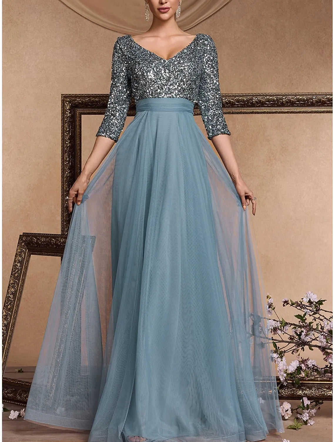 Elegant A-Line V-Neck 3/4-Sleeve Sequin Dusty Blue Maxi Prom Dress for Women Ready to Ship