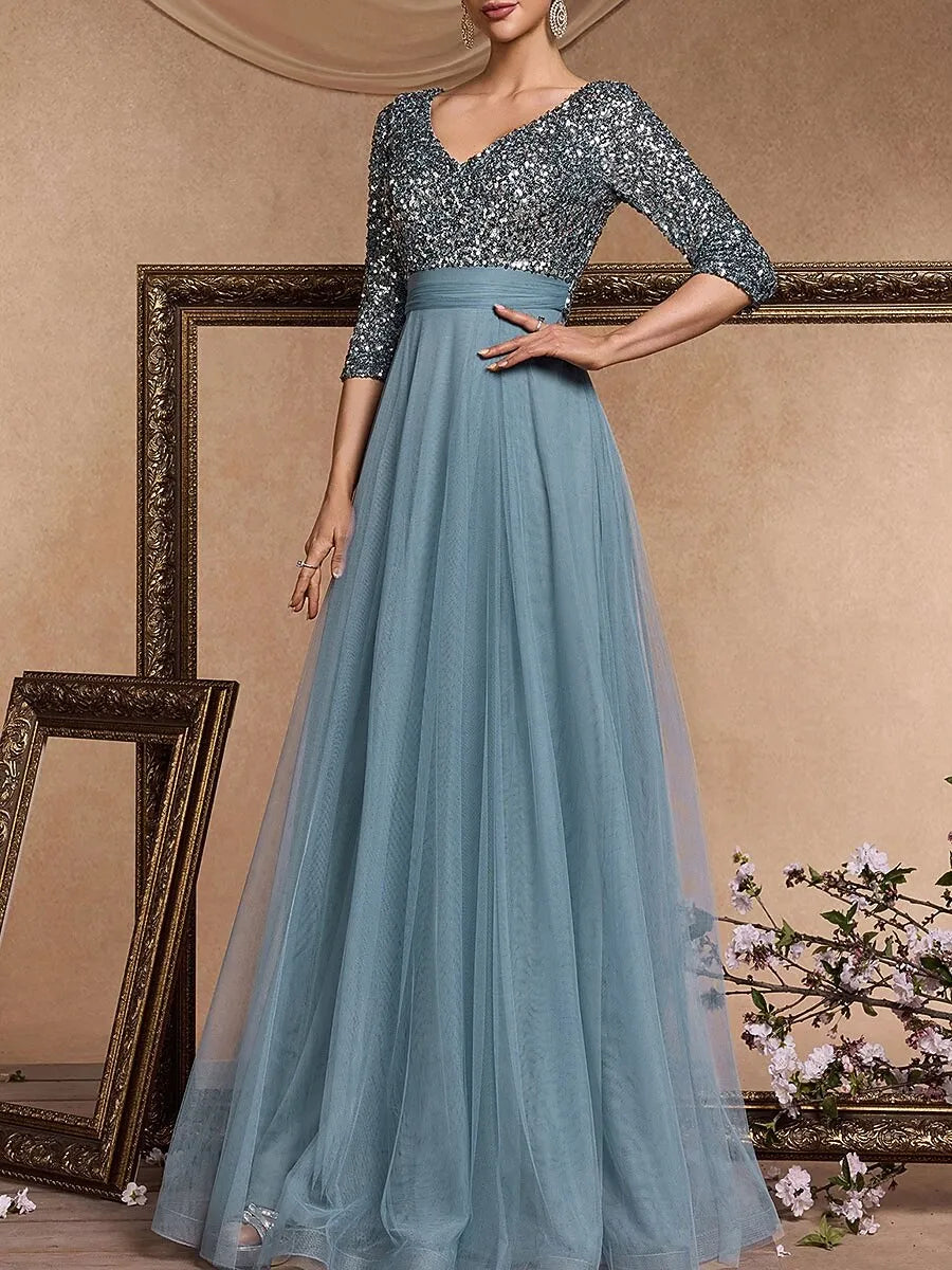 Elegant A-Line V-Neck 3/4-Sleeve Sequin Dusty Blue Maxi Prom Dress for Women Ready to Ship