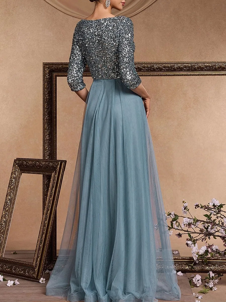 Elegant A-Line V-Neck 3/4-Sleeve Sequin Dusty Blue Maxi Prom Dress for Women Ready to Ship