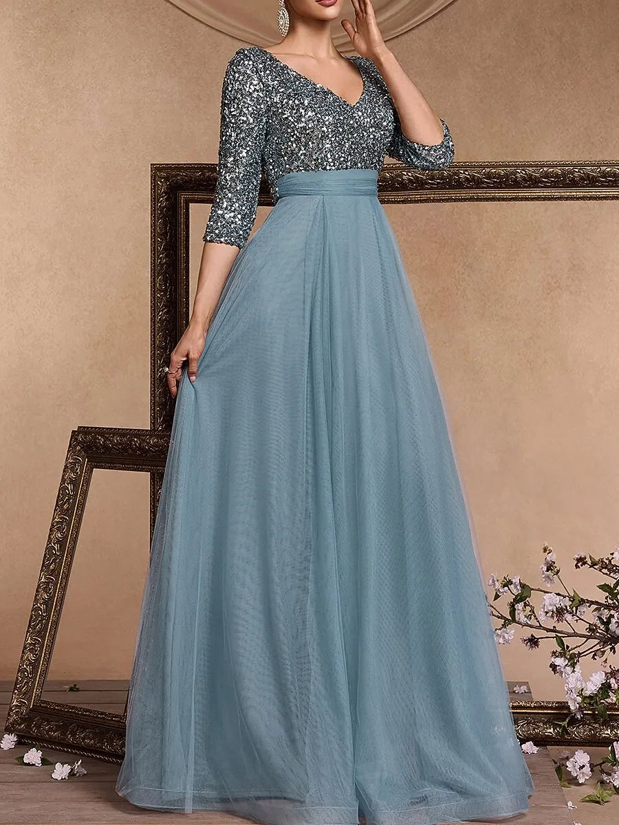Elegant A-Line V-Neck 3/4-Sleeve Sequin Dusty Blue Maxi Prom Dress for Women Ready to Ship