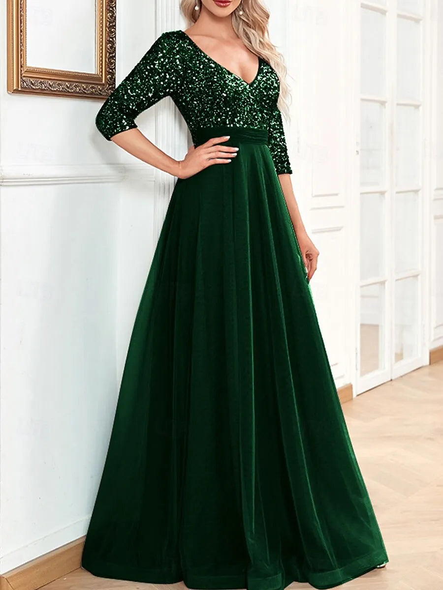 Elegant A-Line V-Neck 3/4-Sleeve Sequin Dusty Blue Maxi Prom Dress for Women Ready to Ship