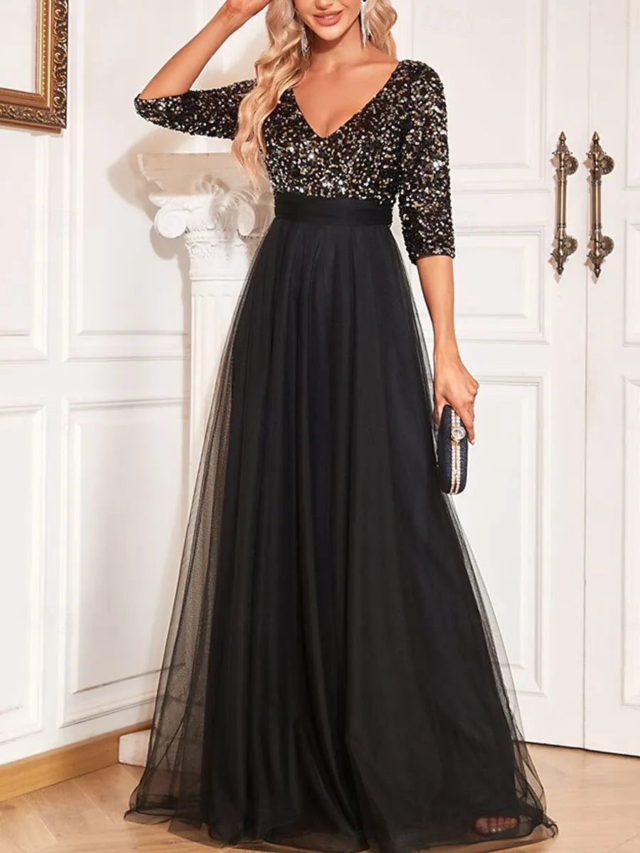 Elegant A-Line V-Neck 3/4-Sleeve Sequin Dusty Blue Maxi Prom Dress for Women Ready to Ship