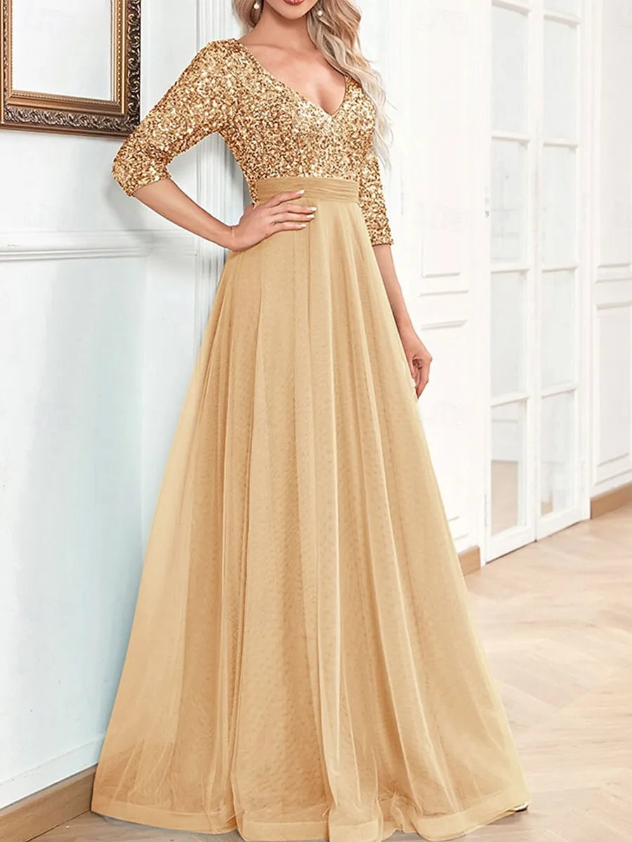 Elegant A-Line V-Neck 3/4-Sleeve Sequin Dusty Blue Maxi Prom Dress for Women Ready to Ship