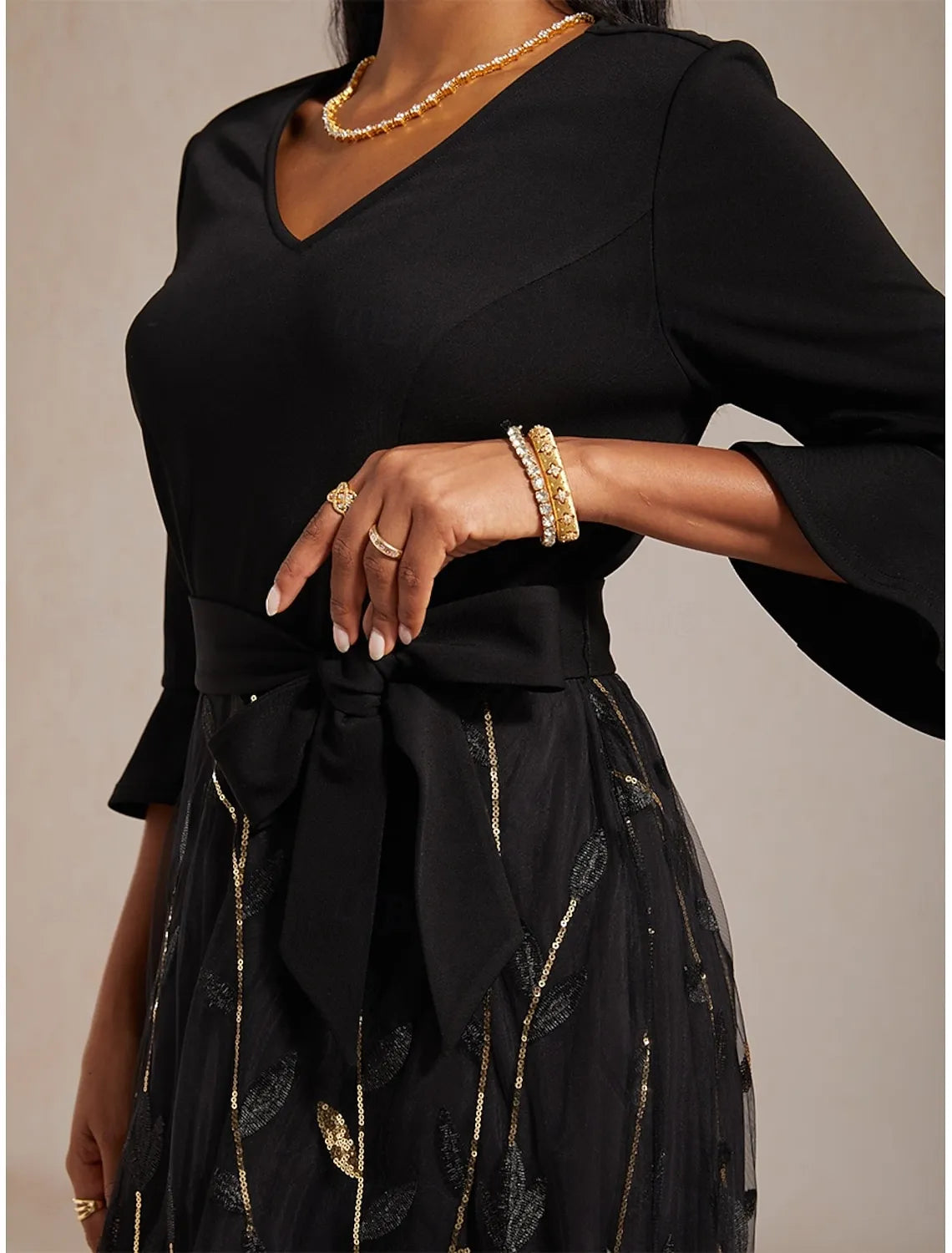 Elegant A-Line V-Neck 3/4 Sleeve Gold-Printed Black Maxi Prom Dress for Women Ready to Ship
