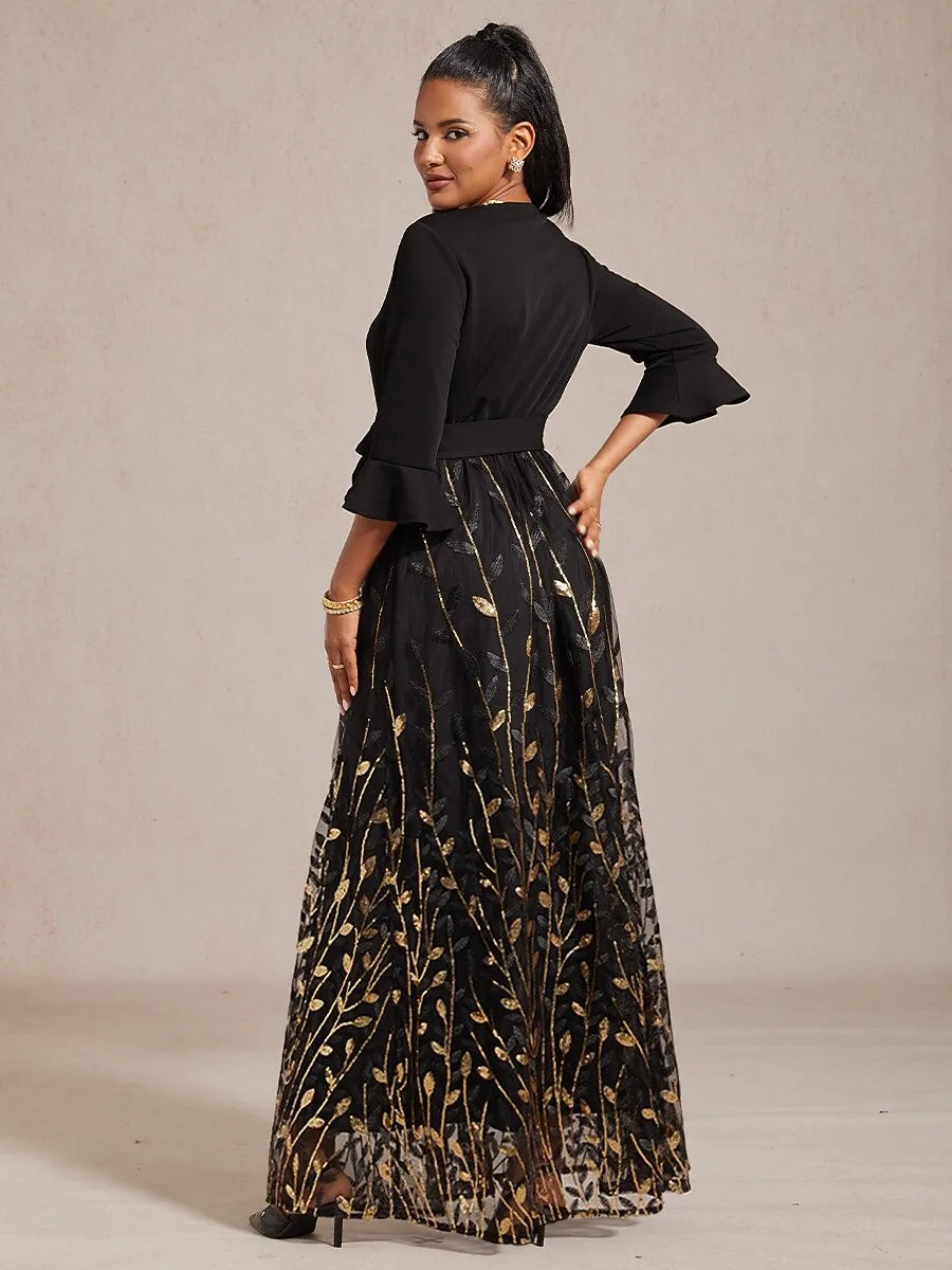 Elegant A-Line V-Neck 3/4 Sleeve Gold-Printed Black Maxi Prom Dress for Women Ready to Ship