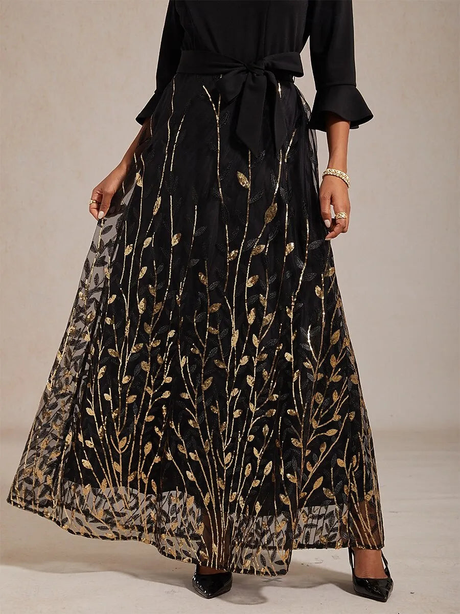 Elegant A-Line V-Neck 3/4 Sleeve Gold-Printed Black Maxi Prom Dress for Women Ready to Ship