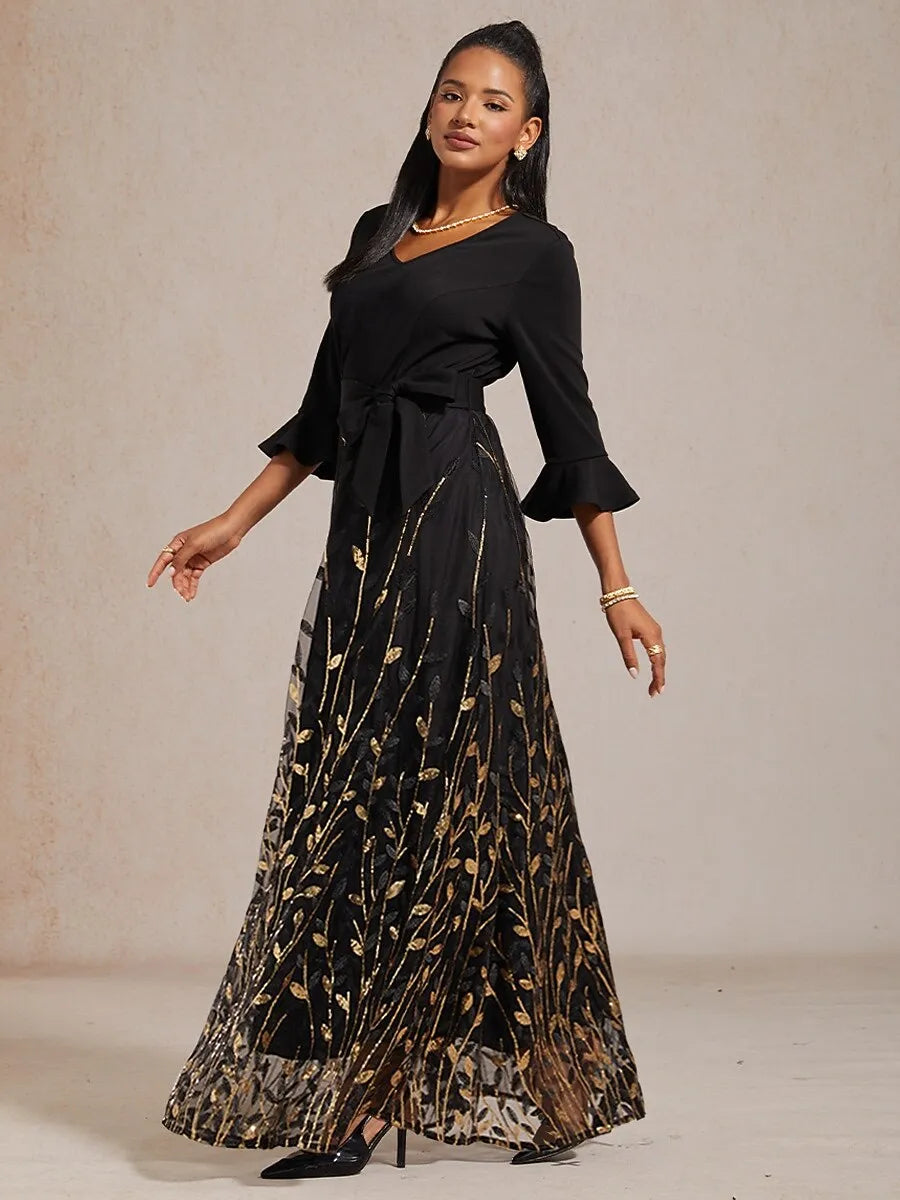 Elegant A-Line V-Neck 3/4 Sleeve Gold-Printed Black Maxi Prom Dress for Women Ready to Ship