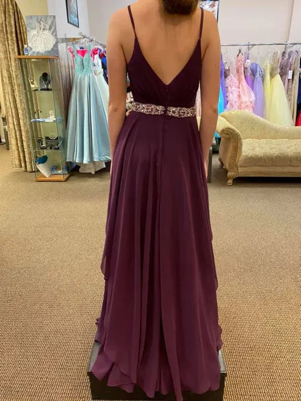 Elegant A-Line V-Neck Beaded Chiffon Plum Floor-Length Prom Dress With Asymmetrical Hem