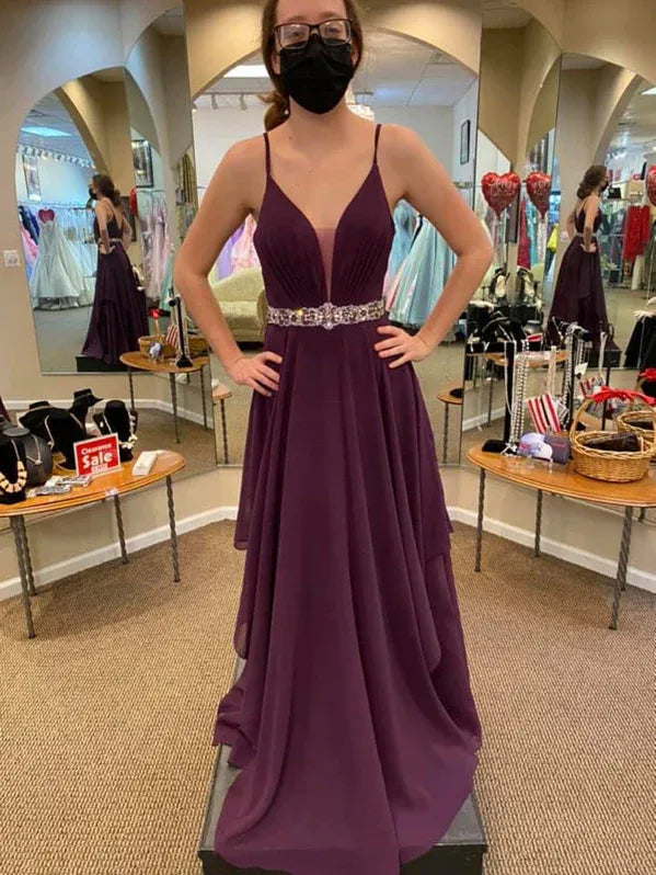 Elegant A-Line V-Neck Beaded Chiffon Plum Floor-Length Prom Dress With Asymmetrical Hem