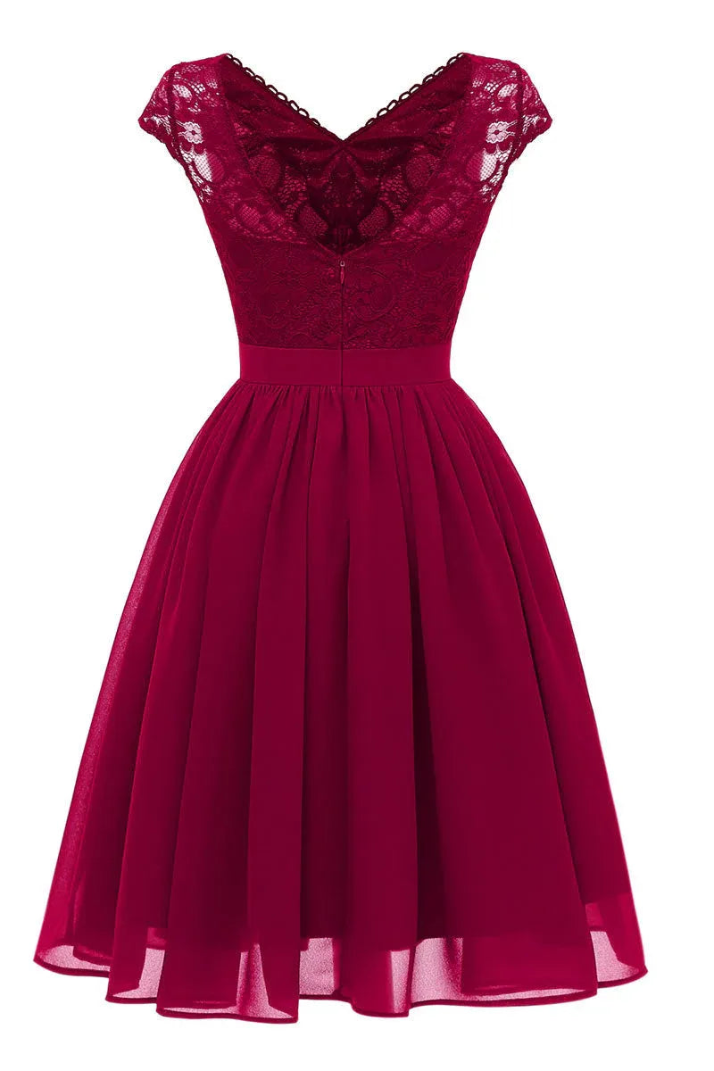 Elegant A-Line V-Neck Cap Sleeve Lace Chiffon Burgundy Short Homecoming Dress