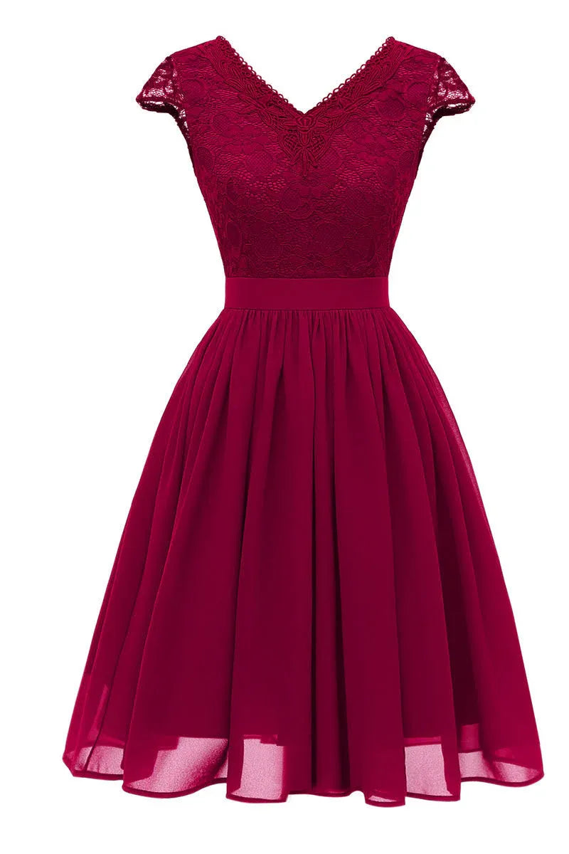 Elegant A-Line V-Neck Cap Sleeve Lace Chiffon Burgundy Short Homecoming Dress