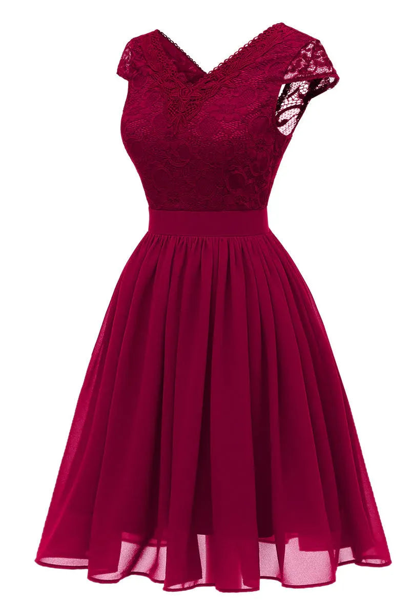 Elegant A-Line V-Neck Cap Sleeve Lace Chiffon Burgundy Short Homecoming Dress