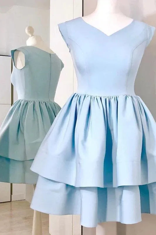 Elegant A-Line V-Neck Cap Sleeve Tiered Light Blue Short Homecoming Dress