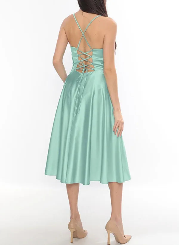 Elegant A-Line V-Neck Lace Applique Pleated Split Satin Mint Midi Homecoming Dress