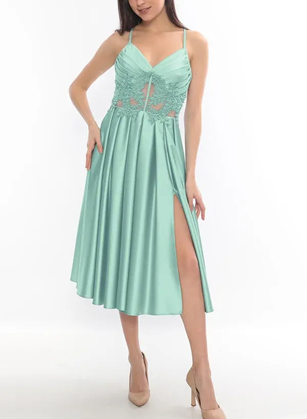Elegant A-Line V-Neck Lace Applique Pleated Split Satin Mint Midi Homecoming Dress