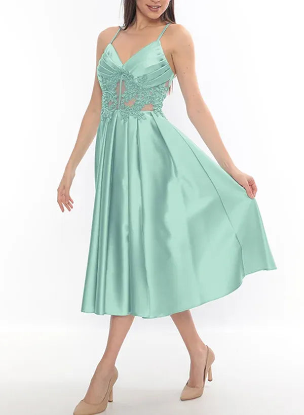 Elegant A-Line V-Neck Lace Applique Pleated Split Satin Mint Midi Homecoming Dress