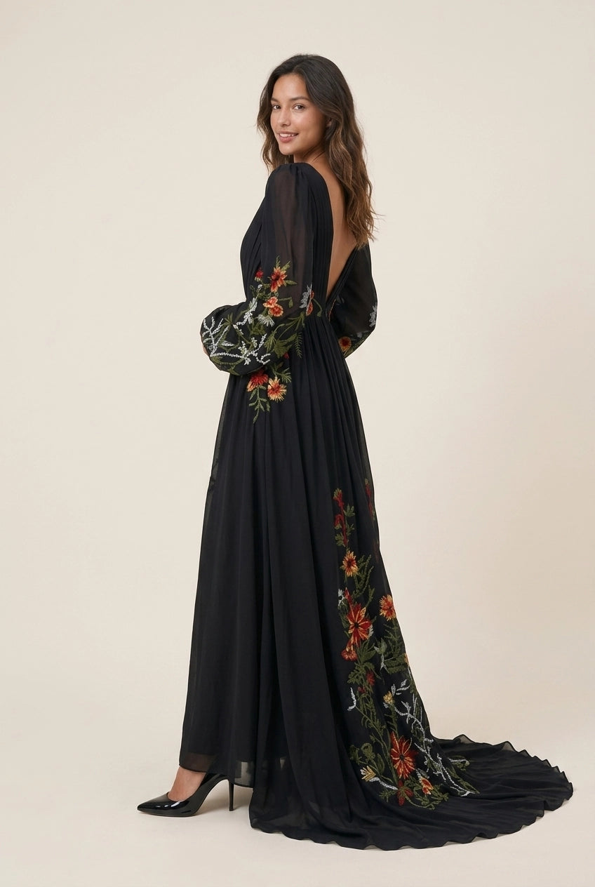 Elegant A-Line V-Neck Long-Sleeve Floral-Embroidered Ruched Black Train Prom Dress