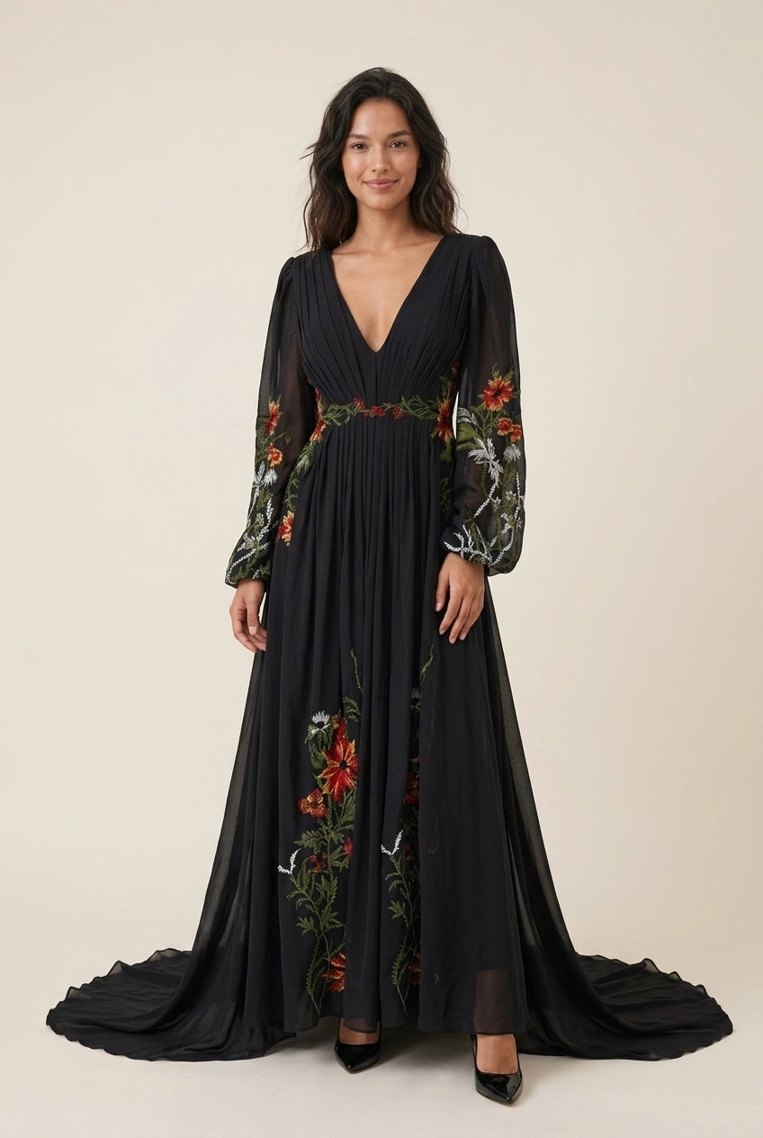 Elegant A-Line V-Neck Long-Sleeve Floral-Embroidered Ruched Black Train Prom Dress