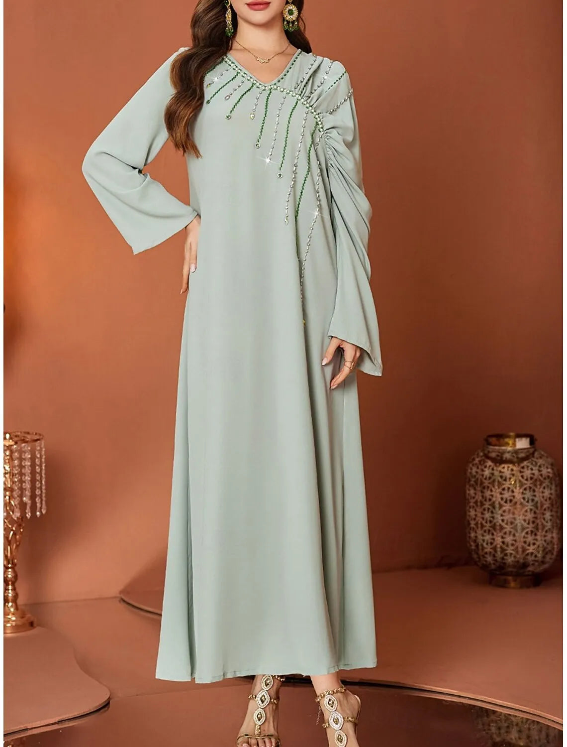 Elegant A-Line V-Neck Long Sleeve Beaded Sage Green Maxi Evening Dress for Women Ready to Ship