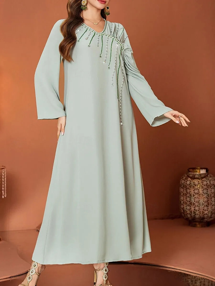 Elegant A-Line V-Neck Long Sleeve Beaded Sage Green Maxi Evening Dress for Women Ready to Ship