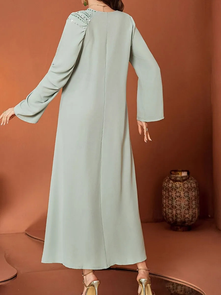 Elegant A-Line V-Neck Long Sleeve Beaded Sage Green Maxi Evening Dress for Women Ready to Ship
