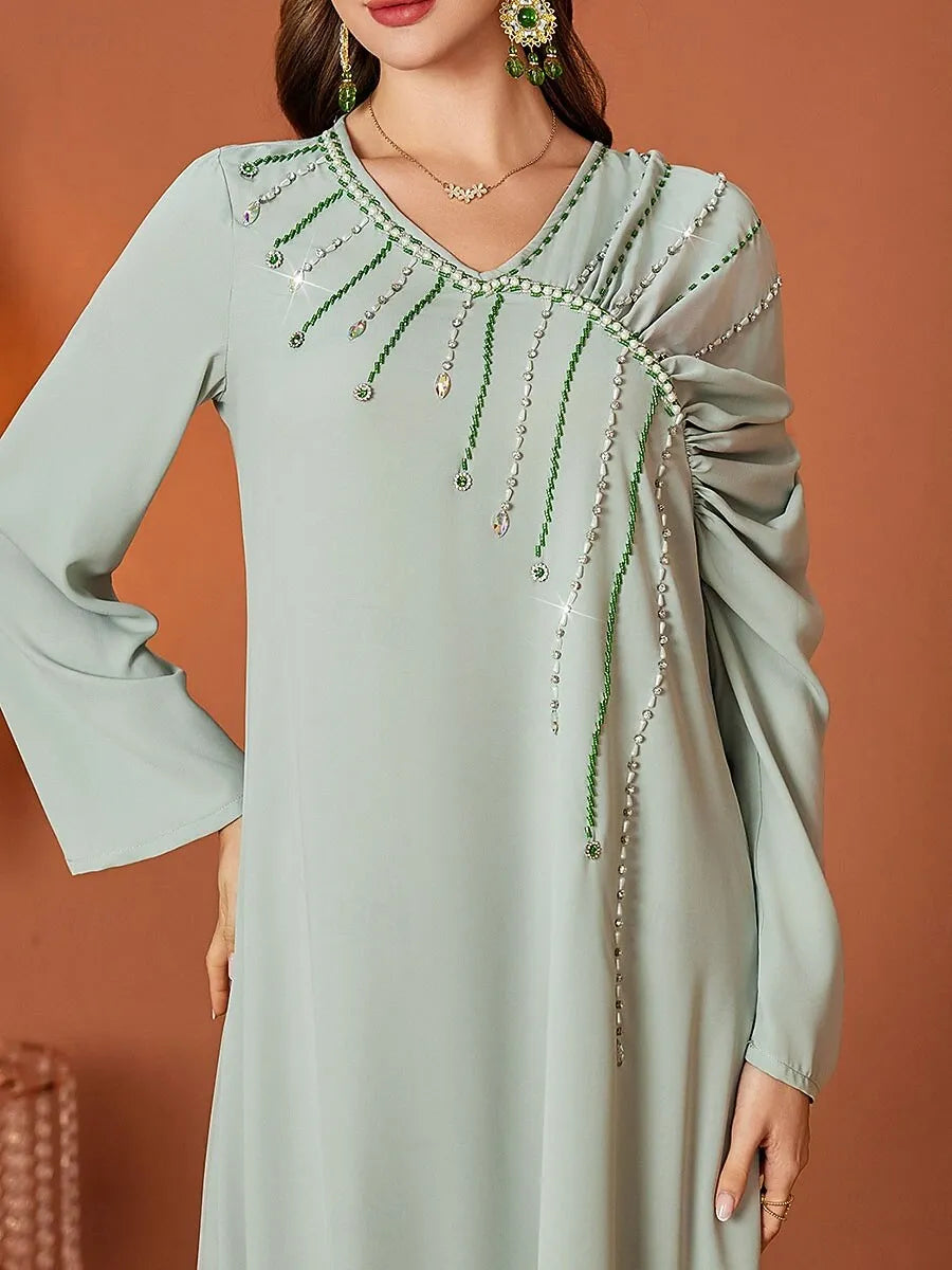 Elegant A-Line V-Neck Long Sleeve Beaded Sage Green Maxi Evening Dress for Women Ready to Ship