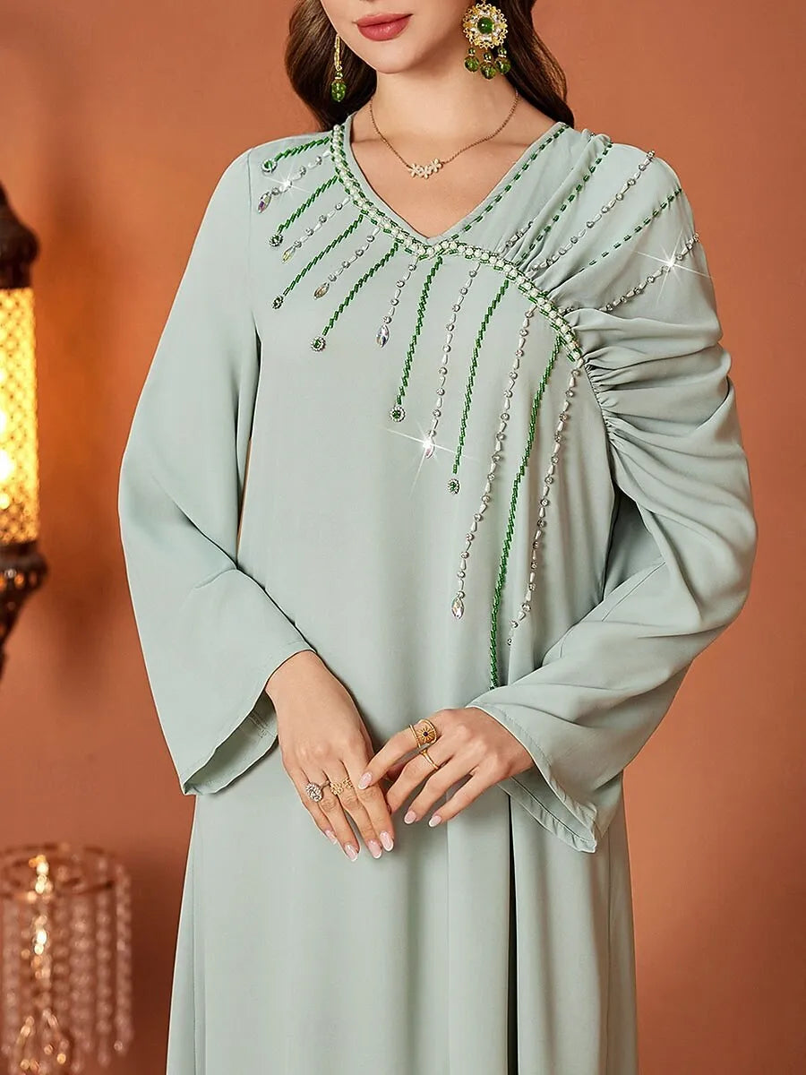Elegant A-Line V-Neck Long Sleeve Beaded Sage Green Maxi Evening Dress for Women Ready to Ship